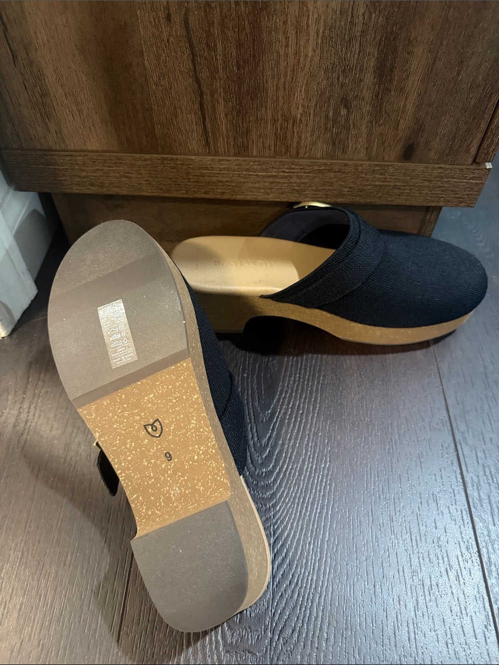 Rothy's Black Canvas Clog Mules with Tan Cork-Look Platform and Gold Buckle - Picture 2 of 4